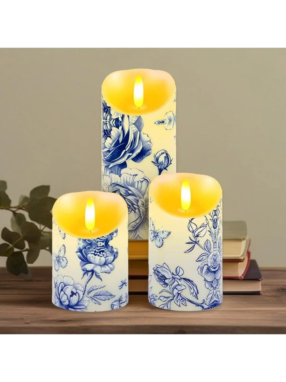 Set of 3 Blue & White Flameless Candles - Chinoiserie Floral Decor with Remote